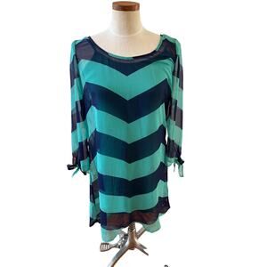 ROXY sheer Long sleeve dress green blue Chevron Print M